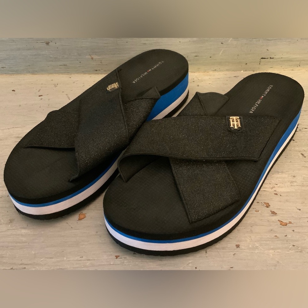 Tommy Hilfiger Slip On Wedge Platform Sandal Black‎ Blue White Sparkly Strap GC